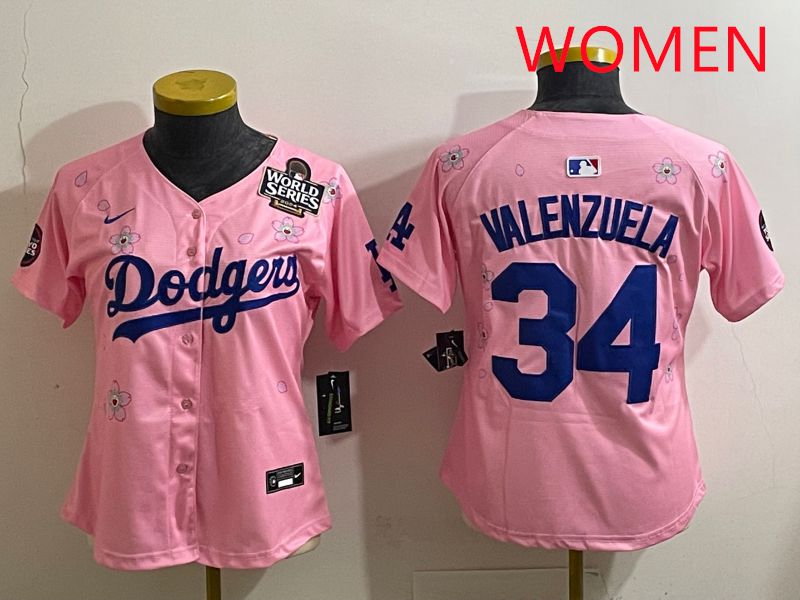 Women Los Angeles Dodgers #34 Valenzuela Pink Sakura Edition 2025 Nike MLB Jersey style 36->women mlb jersey->Women Jersey